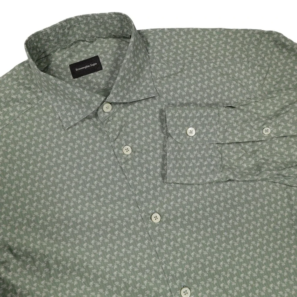 ERMENEGILDO ZEGNA Men's L Sage Green Geometric Print Button Down Dress Shirt